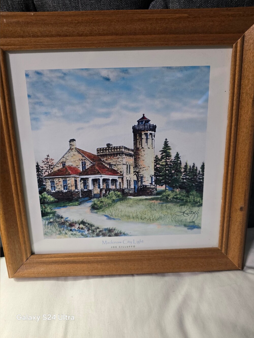 Vintage Framed Print *Mackinaw City Light House *  Michigan* Signed Joe Cilluffo